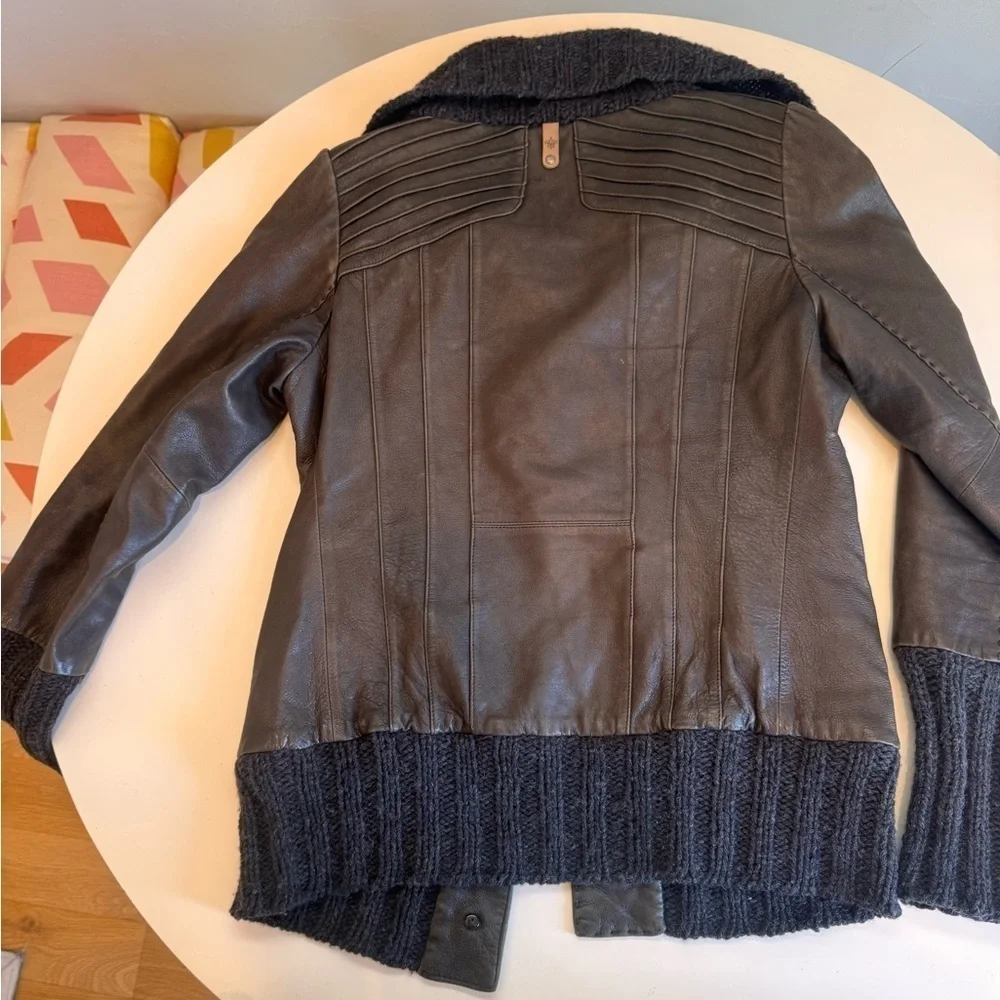 Mackage brown leather jacket size M with big buttons and zipper and knit accents
